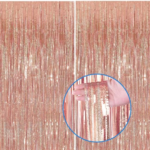 Silvester Lametta Vorhang Rosegold Glitzer, Folie Fransen Vorhang Schimmer, Metallic Tinsel Vorhange Hintergrund Fringe Glitzervorhänge Fransenvorhang Metallfolie fur Party Geburtstagsdeko -2stk-