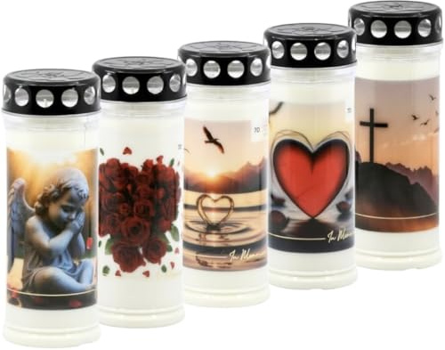 Horeca Candles - Grabkerzen 7 Tage Brenndauer - 5er Set Grablicht mit Deckel - Weiß Wachs - Trauerkerzen mit Motiv - Friedhofskerze für Grabdeko