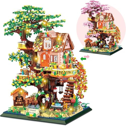 HIGH GODO Blumen Baumhaus Micro Bausteine mit LED, 3196 Teile Garten Haus, Baum Pflanzen Blumen Tiere Architektur Klemmbausteine Set, Creative Geschenk für Erwachsene Frauen
