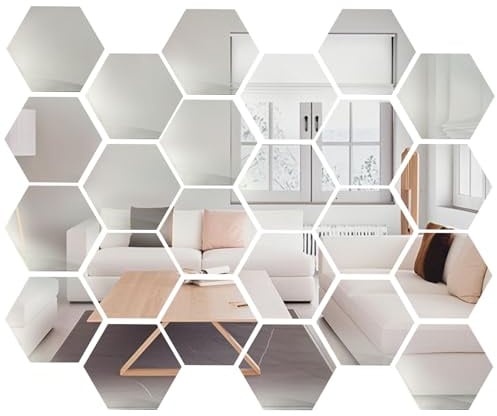 pangutheos 24 Stück Sechseckiger Spiegelfliesen Selbstklebend, 126*109*63mm | Spiegel zum Kleben, Klebespiegel für Aufkleben DIY Hause Badezimmer Wohnzimmer Schlafzimmer