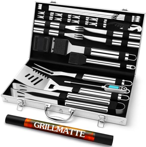 Grilliance 26 Stücke Edelstahl Grillzubehör Set Hochwertiger BBQ Grillbesteck Koffer Perfektes Grillwerkzeug Set für Männer Geschenk mit Tragbarer Aufbewahrungskoffer und Fleischthermometer Silber