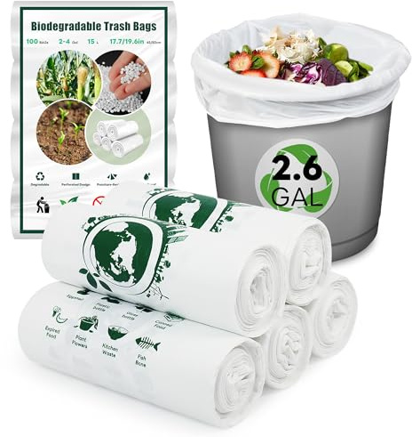 Müllbeutel 100 Stück 15 Liter Klein Biologisch Abbaubar Lebensmittelabfälle Müllsäcke, 100% Recycelt Abbaubar Robust Kompost Biomüllbeutel für Lebensmittel, Haushalt, Küche (2-4 Gallone)