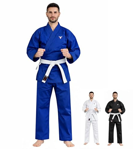 Mytra Fusion Karate Gi Erwachsene mit Gürtel – 200g Martial-Arts Trainingsanzug für Herren & Damen – Schüler Karate Outfit (Blau, 3/160)