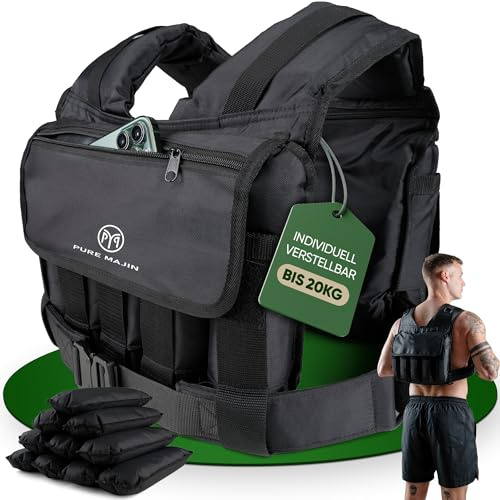 PURE MAJIN® Gewichtsweste bis 20kg verstellbar [mit Tasche & Metallgurt] | Fitness Workout Laufen Calisthenics Equipment Weighted Vest Trainingsweste Laufweste - Schwarz