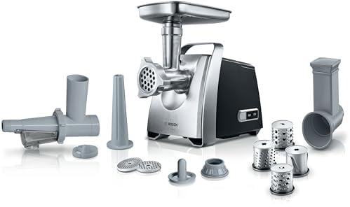 Bosch Fleischwolf MFW68660, Wurstausfatz, Reibe mit 4 Raspeln, 3 Edelstahl Lochscheiben (3, 4,8, 8mm), 2200 W Blockierleistung, 880 W, silber