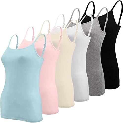 BQTQ 6 Stück Unterhemd Damen Spaghetti Top Unterhemd Spaghettiträger mit Verstellbarer Strap Basic Cami Tank Top für Frauen, Schwarz, Weiß, Grau, Himmelblau, Rosa, Beige, M