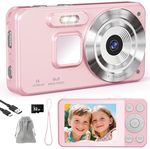 HERBYD Digitalkamera 4K Fotokamera 64MP Kamera Fotoapparat Tragbare Kompaktkamera mit 2,8 LCD Bildschirm, 18X Digitalzoom, 32GB SD Karte, 1 Schlüsselband für Kinder Teenager Anfänger (Rosa)