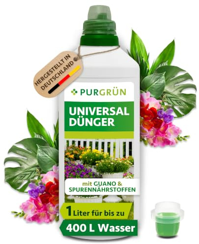Purgrün® Universaldünger 1 Liter – Organisch-mineralische Rezeptur – Premium-Flüssigdünger mit Spurennährstoffen – NPK 7+5+6 – Mit Guano & Spurennährstoffen – Für bis zu 400 Liter Gießwasser