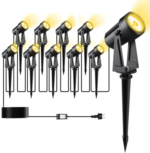 Pogestrand LED Gartenbeleuchtung mit Strom,32M/105FT 10er-1 Set,2000LM 2Wx10 Gartenstrahler 27V COB IP65 Wasserdichter Strahler Warmweiß mit Erdspieß für Außen Garten Yard