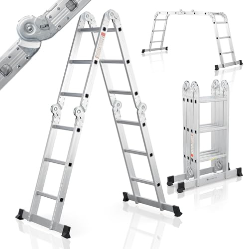 Juskys Leiter Aluminium 3x4 Stufen – Klappleiter 4-teilig bis 150 kg, Multifunktionsleiter 3,6 m mit Gelenken als Stehleiter & Anlegeleiter