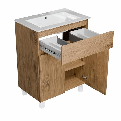 paplinskimoebel - Waschbecken mit Unterschrank 60 cm Breit Ariza Sink, Hängend oder Stehend, Waschtisch mit Unterschrank für Badezimmer, Waschbeckenunterschrank Holz/Eiche Lancelot