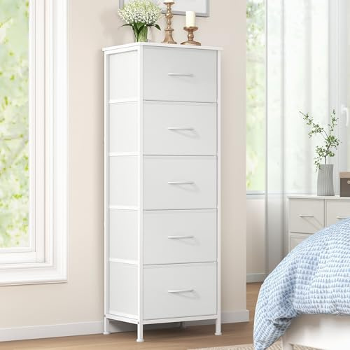 SONGMICS Kommode, Schrank, 5 Stoffschubladen, Aufbewahrungsschrank, Stahl, MDF, Vliesstoff, für Schlafzimmer, Flur, Wohnzimmer, wolkenweiß-schneeweiß LGS315WH01