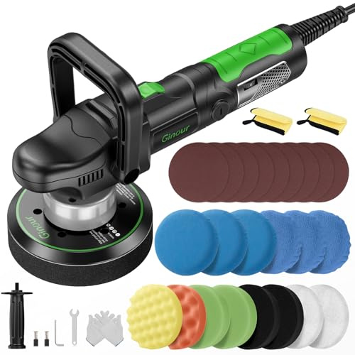 Ginour 1050W Auto Poliermaschine Set mit 6 Geschwindigkeiten(2000-6400 OPM), Exzenter Poliermaschine mit abnehmbarer D-Griff und Seitengriff, 3M Kabel, für Auto Boot Motorrad