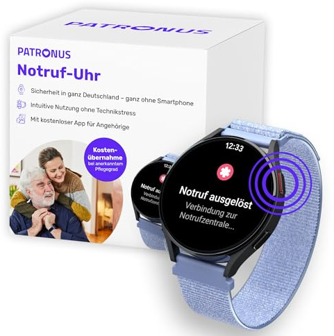 PATRONUS Notrufuhr - für Senioren - Hellblau - mit GPS – ABO notwendig | Manueller SOS-Notrufknopf ohne Sturzerkennung, Notrufarmband, Mobiler Hausnotruf, 24/7 Notrufzentrale, mit App, Pflegegrad