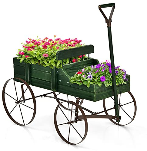 COSTWAY Blumenständer, Holzwagen mit Rollen aus Metall, Blumenwagen, Blumenkasten, Pflanzenständer deko für Garten, Terrasse, Balkon, 35x63x62,5cm (Grün)