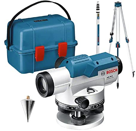 Bosch Professional Optisches Nivelliergerät GOL 20 D (20-fache Vergrößerung, Maßeinheit: 360 Grad, Arbeitsbereich: bis zu 60 m, Messlatte GR 500, Baustativ BT 160, im Transportkoffer)
