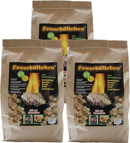 RaiffeisenWaren Feuerbällchen, Grillanzünder, Kaminanzünder, Anzündhilfe (Ökologische Anzündwolle aus Naturprodukten, zum Anzünden der Grillkohle, Lagerfeuers oder Kamins) 3 Tüten a 4 kg