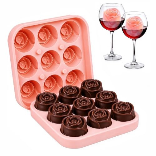 Silikonform Rosen mit Deckel, 9 Kavitäten, Rosa | Multifunktional Silikonform für Erdbeer-Schokorosen, Rosen-Eiswürfel, Gelee, DIY Weihnachten Valentinstag Backform