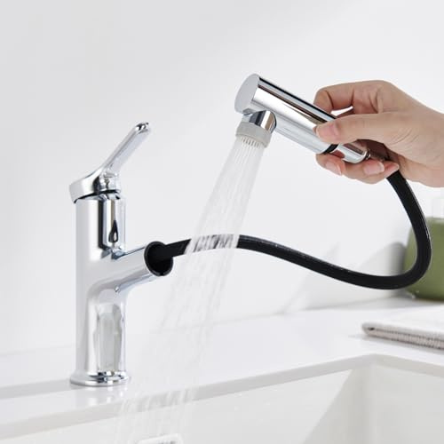 Wasserhahn Bad mit Ausziehbar Brause, DETBOM Armatur Badezimmer mit 2 Strahlarten, Einhebelmischer Waschbecken, Warm Kalt Mischbatterie Bad, Waschbeckenarmatur für Badezimmer, Waschtischarmatur, Chrom