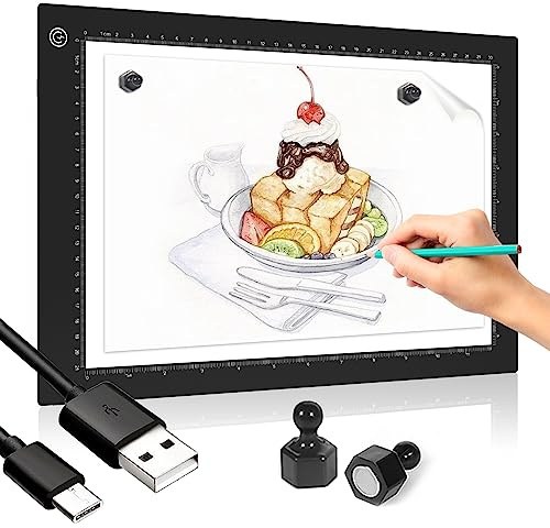 A4 LED Leuchttisch,Magnetisch Led Licht Pad Ultra-dünne Leuchtplatte Zeichnen,Type-C Schnittstelle Lichtkasten,Einstellbare Helligkeit für Diamond Painting,Abpausen,skizzieren,Kopieren,Animation