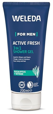 Weleda Bio For Men 3in1 Duschgel Shampoo Männer Active Fresh, Naturkosmetik Duschgel Männer, Duschgel für Gesicht, Körper, Haar, mit Eukalyptus und Vetiver Duft, vegan, 200 ml