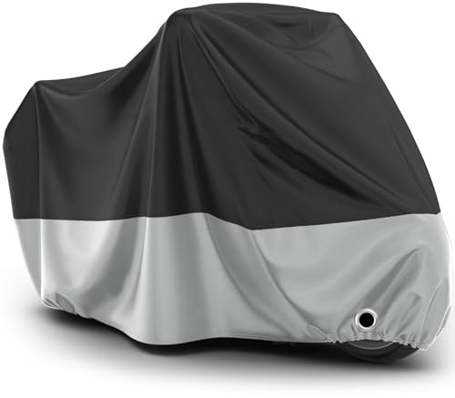 Favoto Motorradabdeckung Outdoor Wasserdicht XXXL - Motorrad Abdeckplane Staubdicht UV-Schutz mit Schlossloch Winddichte Schnalle Polyester Schwarz Silber 265cmx105cmx125cm