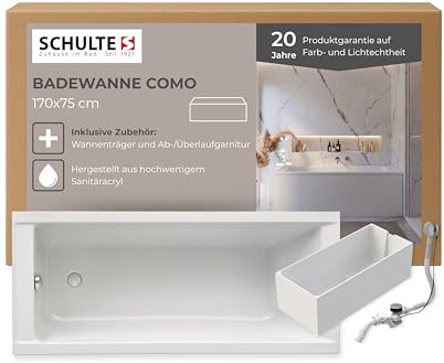 Schulte Badewanne Como 170x75 cm, Komplett inkl. Wannenträger und Ablauf, aus hochwertigem Acryl in Weiß glänzend