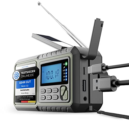 Acta Berg Kurbelradio, Notfallradio mit 5.000 mAh Akku (Armee Grün) | AM/FM/SW, mit USB, Solar- & Batteriebetrieb, Notfallausrüstung für Blackout, integrierte Taschenlampe, Ladegerät für Handy