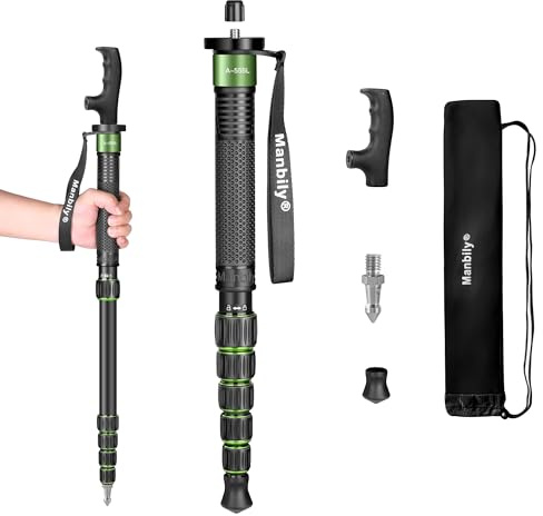 Manbily Einbeinstativ Kamera 168cm Wanderstöcke aus Aluminium Reise-Einbeinstativ Tragbar Kompakt Leicht mit Gehstockgriff, Tragetasche Belastbarkeit von 7KG für DSLR Kamera Videokamera (A-555L) Grün