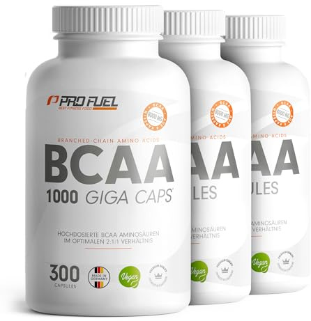 BCAA Kapseln 900x vegan - hochdosiert mit 8000 mg BCAA im optimalen 2:1:1 Verhältnis - Giga-Caps mit 1000 mg B.C.A.A. - essentielle Aminosäuren Leucin, Isoleucin & Valin - 3x300 Kapseln