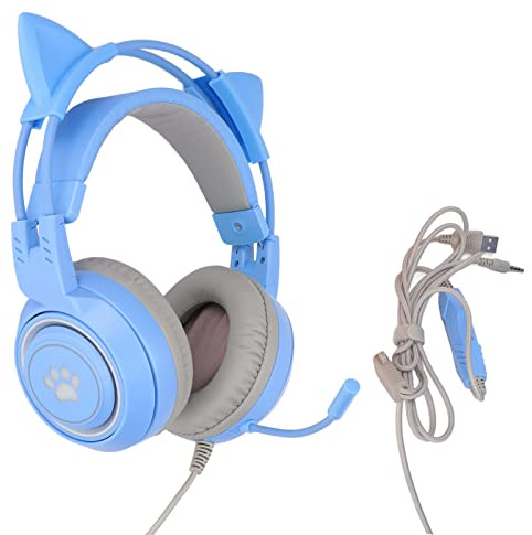 Yunseity Gaming-Headset, USB + 3,5 Mm Abnehmbarer Cat-Ear-Kopfhörer mit Noise-Cancelling-Mikrofon, Gaming-Kopfhörer für, One, PC, Mobiltelefon(Blau)