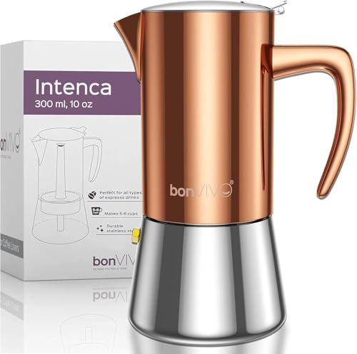 bonVIVO Intenca Espressokocher Induktion geeignet - Edelstahl Kaffeekocher in Kupfer Edelstahl m. Wasserkessel, Sieb – Mokkakanne (Kupfer, 6 Tassen 300 ml)