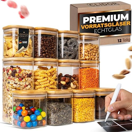CLIDOR Vorratsgläser mit Deckel, Eckig - 12er Set - 4x 880ml + 8x 380ml, Erhöhte Glasstärke, Vorratsdosen mit Deckel luftdicht, Aufbewahrungsbox Küche für alle Lebensmittel, Küchen Organizer