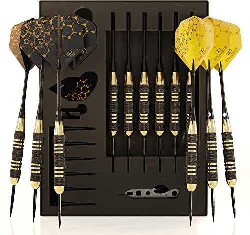 CC-Exquisite Profi Stahl Spitze Darts Set Custom Schaft und Flight Setup 6 Messing Barrels 22 Gramm 12 Aluminium 35 and 48 mm 12 Flights Standard Slim Darts Sharpeners