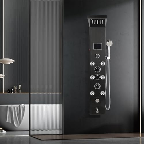 Peviasot Duschpaneel, Sechs-in-eins-Duschsäule, LED-Temperaturanzeige, Duschpaneelsystem Edelstahl mit Armatur, Regendusche, Wasserfalldusche, Massagedusche, Wanneneinlauf Handbrause, Schwarz