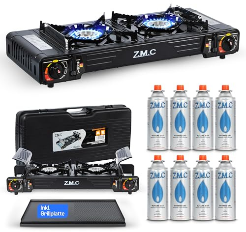 Z.M.C PREMIUM Camping Gaskocher 2-flammig + Grillplatte 45x24 cm + 8 Gaskartuschen 227g, Campingkocher mit Zündsicherung für Outdoor und Innenraum, Balkon Doppelgaskocher mit Piezozündung