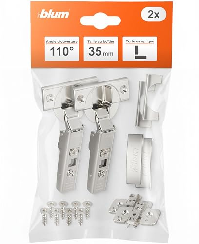 BLUM 2x CLIP top Möbelscharnier 110° I Topfscharnier 35mm I separat montierbare CLIP Kreuzmontageplatte, 0mm Distanz | 3D Seiten-, Höhen- und Tiefeneinstellung | vernickelt | Eckanschlag
