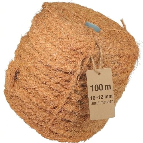 Kokosseil 10mm x 100m, Kokosstrick, Strick, Seil für Bäume aus Kokosfaser, Schnur aus Naturfaser statt Bindedraht, Gartenschnur, Kordel, Juteseil, Gartenschnur, Bindfaden, Pflanzenbinder