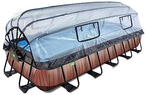 EXIT Toys Wood Pool mit Multifunktionale Abdeckung - 540x250x100cm - Großer, Rechteckiger Rahmenpool mit Sandfilterpumpe und Poolleiter - Extra Tief - Für Sauberes und Warmes Poolwasser - Braun