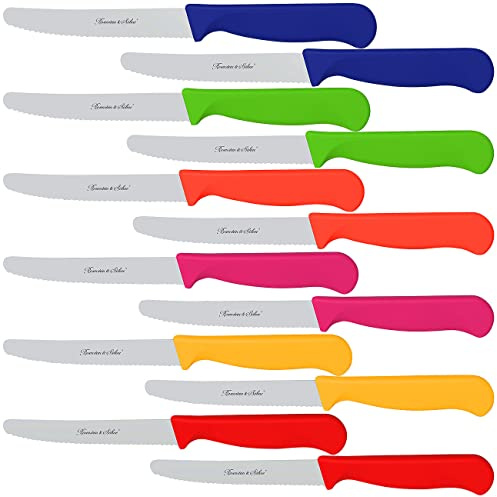 Rosenstein & Söhne Brotzeitmesser: 12er-Set bunte Frühstücksmesser mit Wellenschliff, 11,4cm Klingenlänge (Wellenschliff Messer, Frühstücks-Messer, Grill)