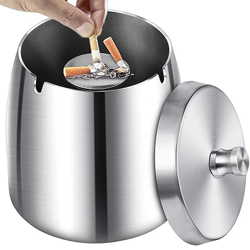 Aschenbecher für Draussen Aschenbecher für den Außenbereich Mit Deckel, Stainless Steel Ashtray for Outdoors (silbern)
