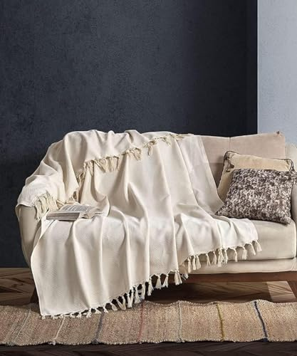 BOHORIA® Premium Tagesdecke Tulum | 100% Baumwolle | Extra-groß 170 x 230 cm | Baumwolldecke als Bett-Überwurf, Couch-Überwurf, Sofa-Decke mit Fischgrätenmuster (Natural Cotton)