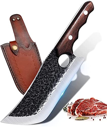 DRAGON RIOT Hackmesser Japanisches Kochmesser profi Messer mit Lederscheide | Robustes Scharfes Küchenmesser mit Holzgriff für Fleisch, Gemüse, BBQ und Outdoor Camping, Geschenke für Männer