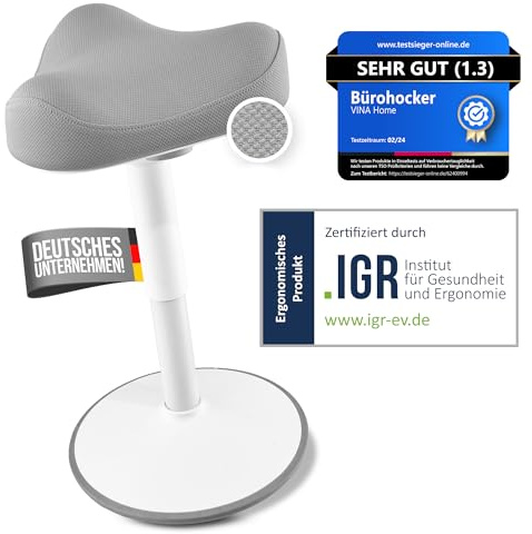 Vina Home® SH-01S Bürohocker Ergonomisch [IGR Zertifiziert] | Sitzhocker ergonomisch höhenverstellbar [47-65 cm]| Ergonomischer Hocker für Arbeit & Freizeit | Schwingeffekt [rutschfest] (Hellgrau)