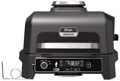 Ninja Woodfire Pro XL 4-in-1-Elektrogrill, Smoker & Air Fryer, Grau/Schwarz | Großer Außengrill, Smart Cook-System, integriertes Thermometer, Holzfeuer-Pellets, wetterfest, tragbar - OG850EU