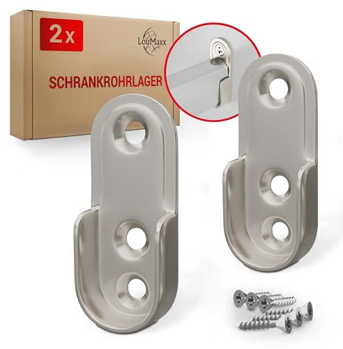LouMaxx Kleiderstange Halterung 2er Set robuste Kleiderstangenhalter Zinkdruckguss, vernickelt - Kleiderstangen Halterung Schrank für ovale Schrankrohre 15 mm, Schrankrohrlager inkl. Schrauben