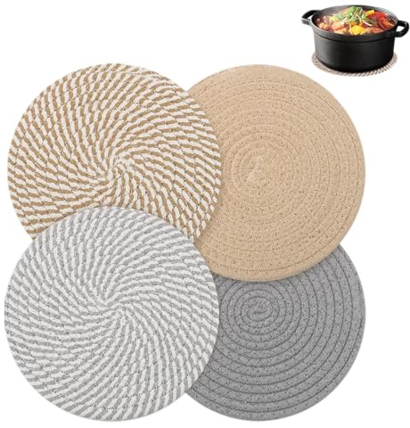 4 Stück Topfuntersetzer Set,20cm Runde Untersetzer Topf 4 Farben 7mm Dick | 100 % Baumwolle Faden Weben Matte Maschinenwaschbar Heißer topf Halter Topflappen für Küche Schüssel Topf Pfannen