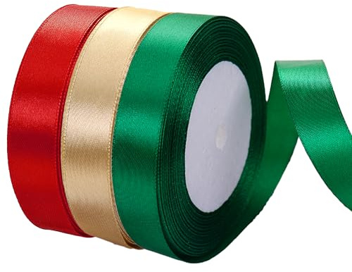 LLMtn 66m 3 Rollen Farbband 2CM X 22M Dekoratives Geschenkband Breites Schleifenband (Rot Grün Gold)
