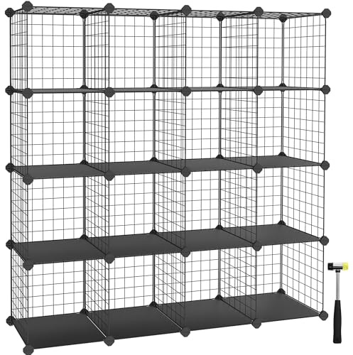 SONGMICS Steckregal, 16 Würfel Aufbewahrungssystem aus Metalldraht, DIY, modulares Gitterregal, mit Drahtrahmen, schwarz LPI44H