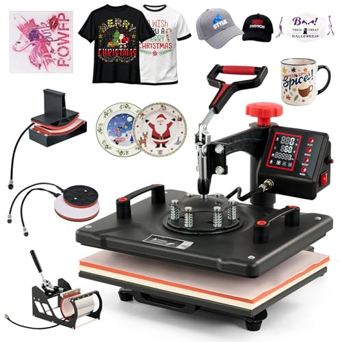 CREWORKS Transferpresse 38x30cm 5 in 1 Hitzepresse 1250W Heißpresse 360 Grad Schwenkbar DIY Druckpresse Mulitifunktional Sublimation Wärmepresse Heat Press Machine